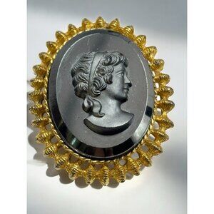 Black Glass Cameo Brooch Pin Pendant Gold Tone Vintage‎ Woman Oval MCM Open Work